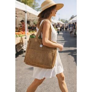 woven jute / raffia boho style tote bag for summer beach days farmers market